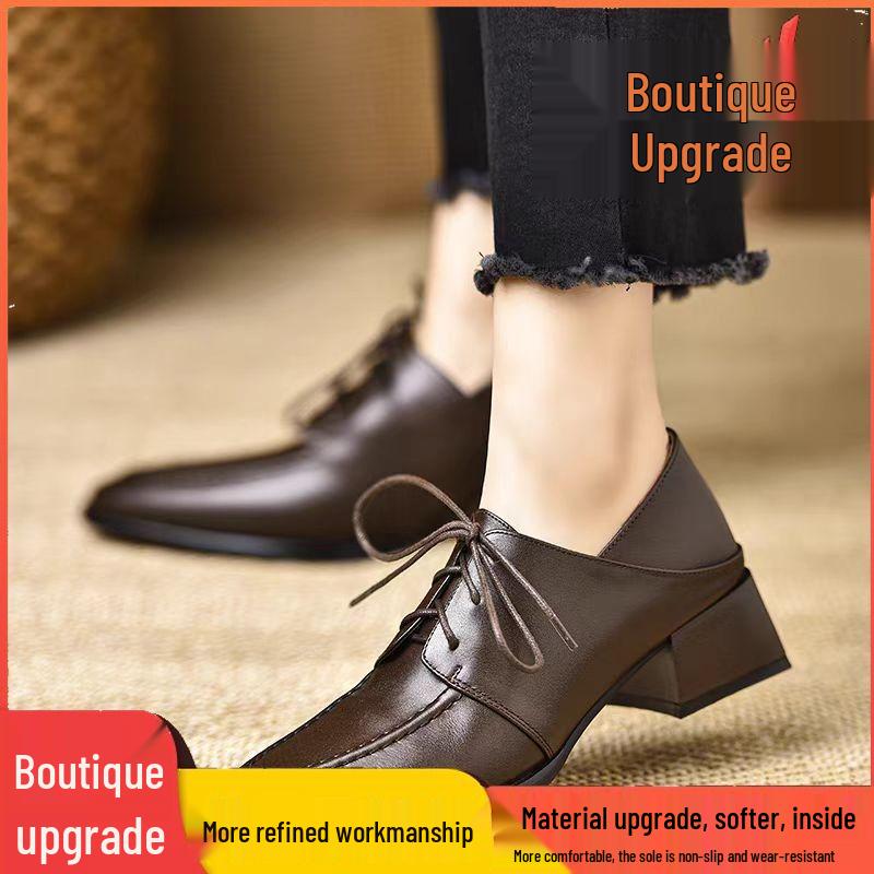 Retro Preppy Mid-Heel Square-Toe Leather Loafers with Deep-Mouth Lace-Up and Kitten Heel for Women