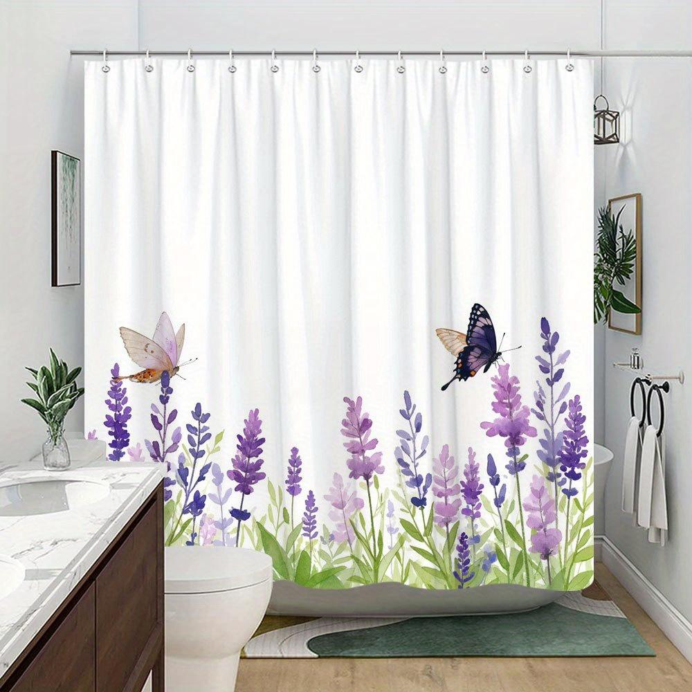 1 Watercolor Butterfly and Purple Flowers Shower Curtain - Tranquil Nature Scene with Hooks, Polyester Fabric, Machine Washable
