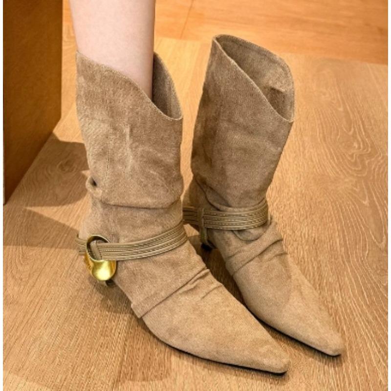 New Style Women's Brown Suede Kitten Heel Western Boots Pointed Toe Slip-on Pleated Coarse Heel Mid-Calf Boots Extra Large Size