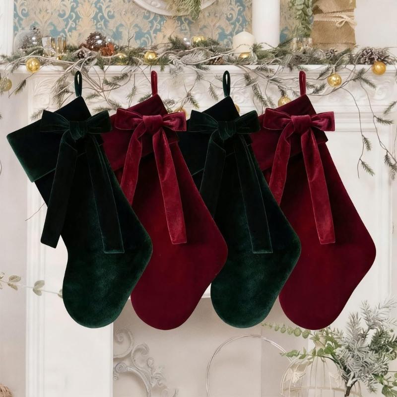 20 Inch  Christmas Stocking with Large Decorative Bow Luxury  Stocking for Firepitscreen Mantel, Elegant Holiday Decor