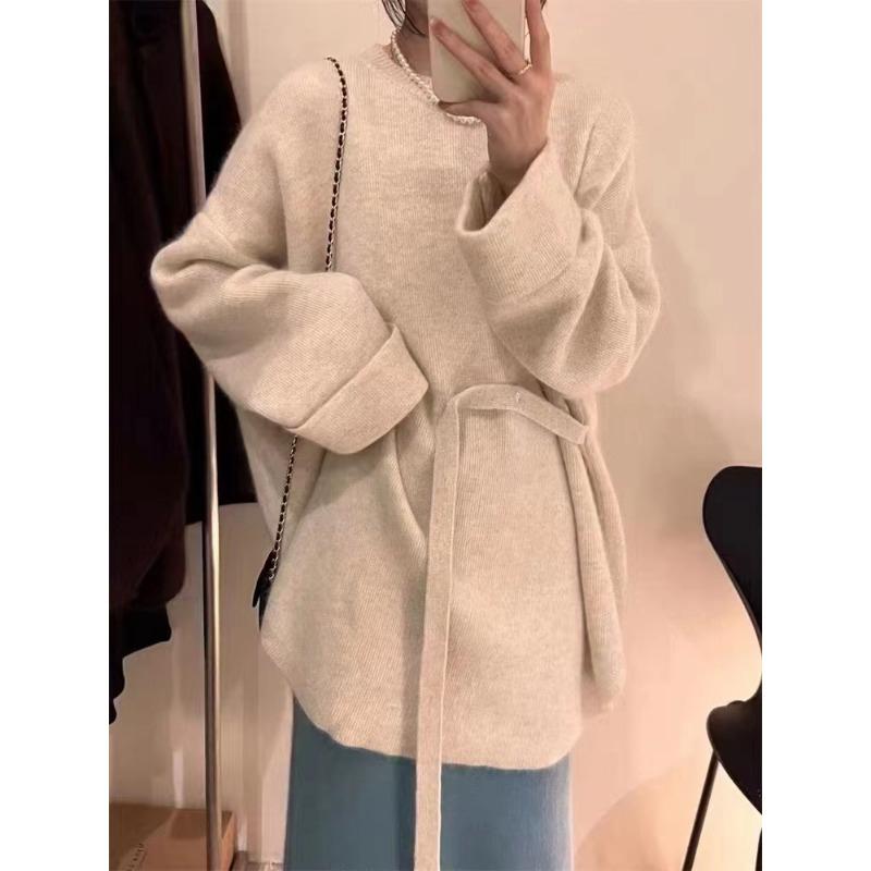 Autumn and winter new solid color crew neck large version knitted pullover top women's lazy wind lace-up sweater women