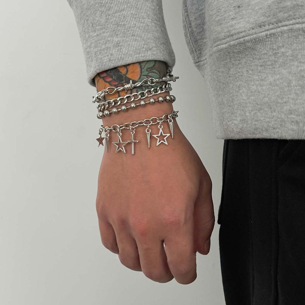 4Pcs/Set Punk Cross Rivet Star Pendant Bracelet for Men Women Hiphop Multi-Layer Cuban Chain Bracelet Set Jewelry Gifts