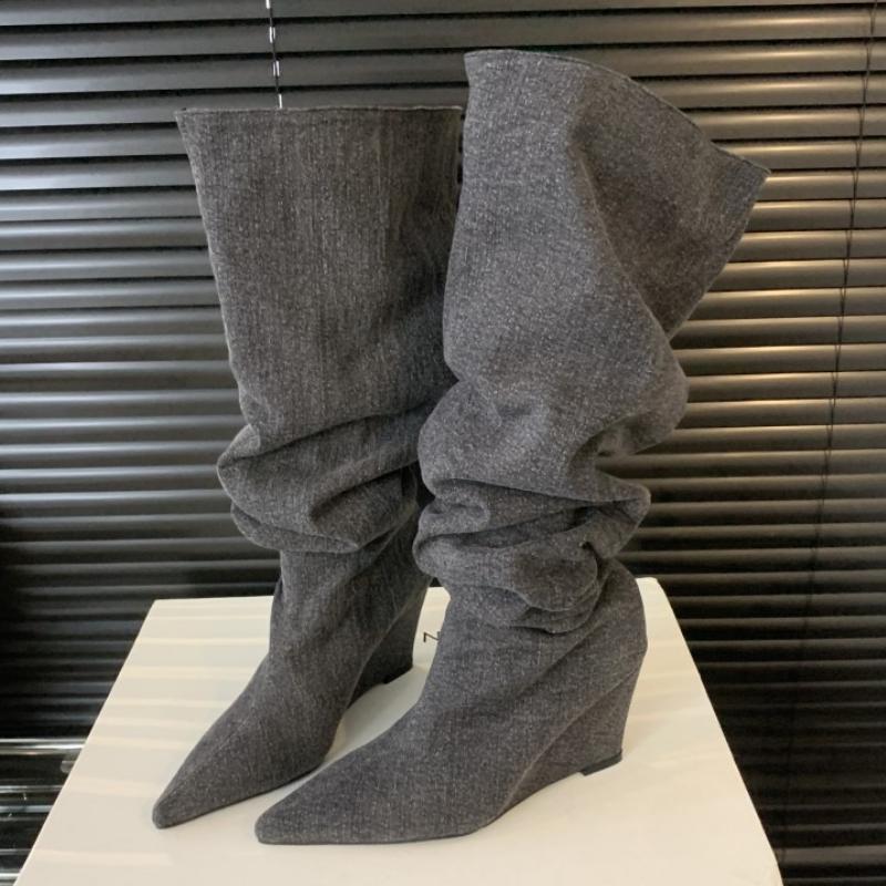 Fashion Fashion Gray Pointed toe Knee Boots Women Comfortable wedge Brand Designer botas para mujer high-quality Autumn Long women boots