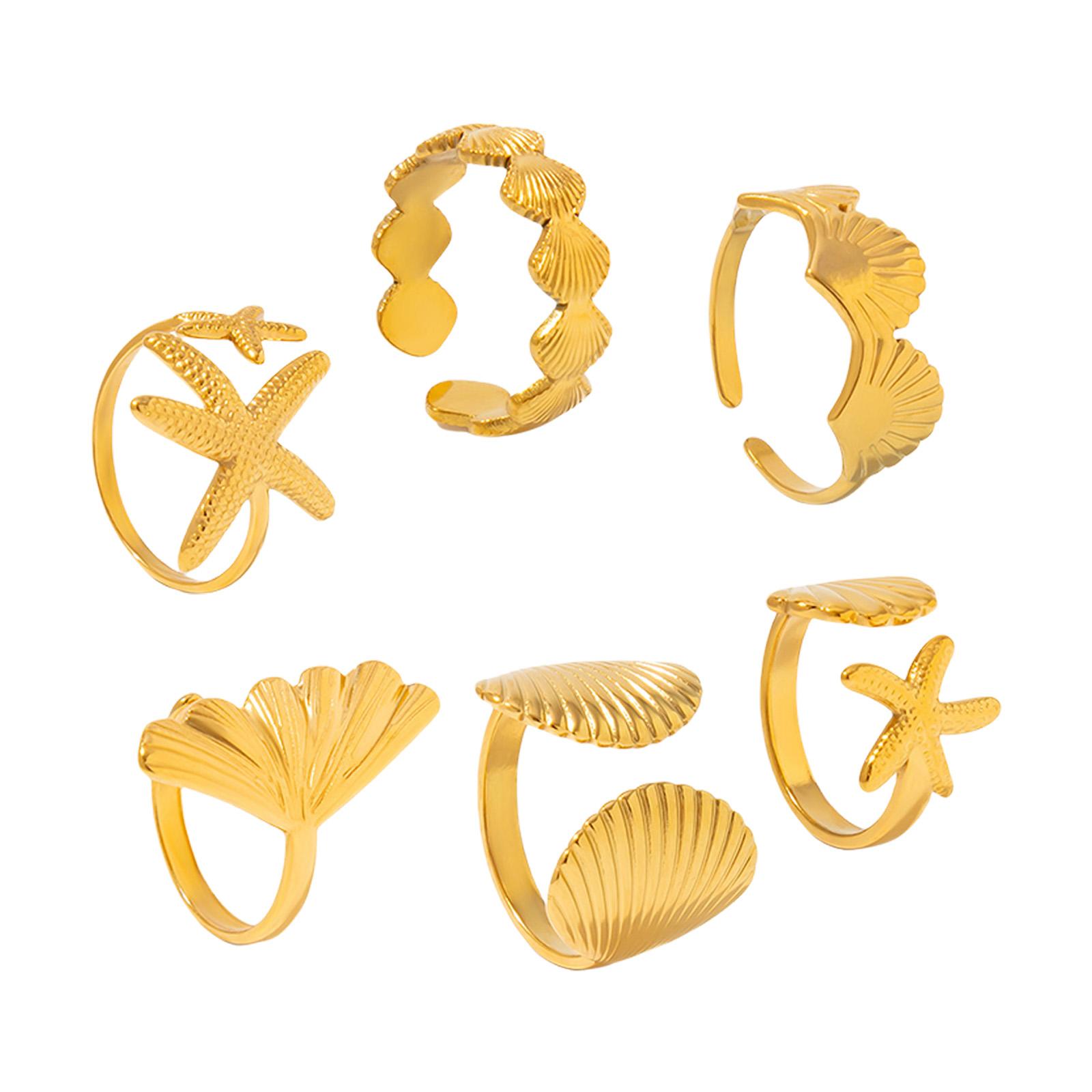 

6 Piece Adjustable Open Joint Rings Set Starfish Shell Star Design Summer Beach Jewelry Gift for Women Friends Sisters золотой