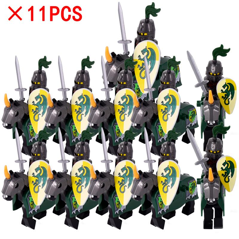 

11pcs/lot Medieval Figures Middle Ages Rome Warriors Soldiers Horse Castle King Dragon Knights Building Blocks Bricks Toys gifts