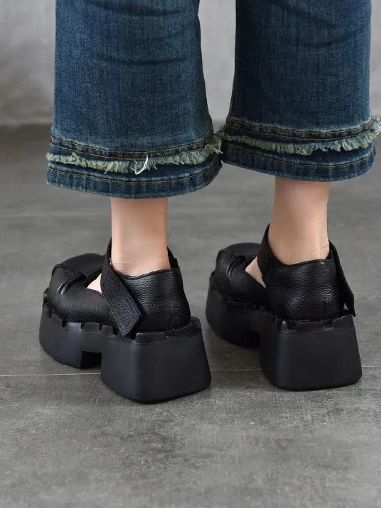 Johnature Thick Soled High Heels Pumps Genuine Leather Retro Round Toe Thick Heeled Women's Shoes