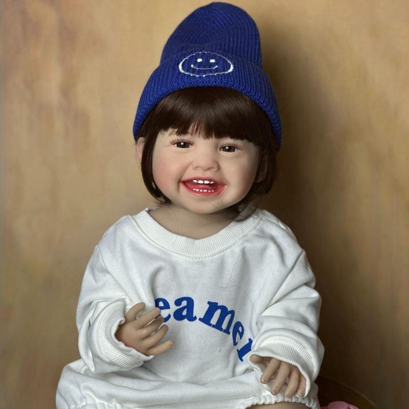 Păpușă renăscută Mila de 55 cm, finisată moale, complet din silicon, lavabilă, păpușă nou-născută drăguță, zâmbet fericit, simulare, păpuși pentru copii, jucării pentru casă de joacă