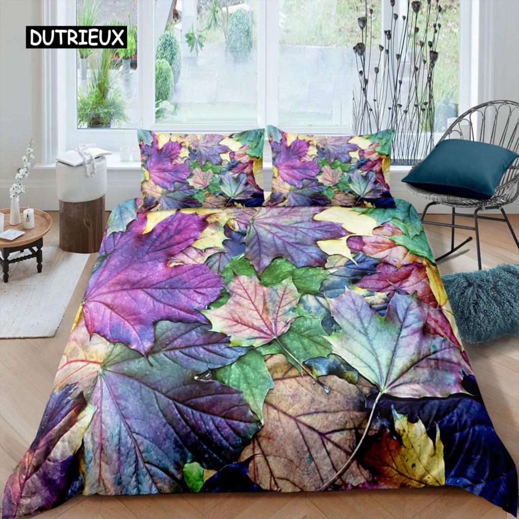 Maple Leaves Duvet Cover Set Colorful Autumn Season Maple Leaves In Unusual Designs Nature Print King Size 2/3pcs Bedding Set