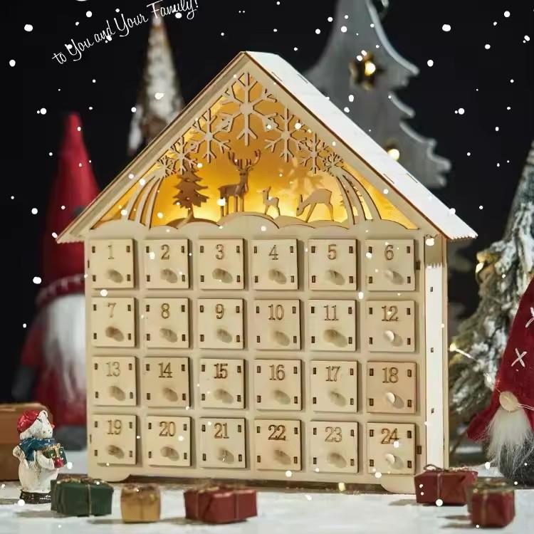 Hölzerner Weihnachts-Adventskalender mit 24 Aufbewahrungsschubladen Dorfhaus Countdown bis Weihnachten Nachfüllbarer DIY Countdown-Kalender