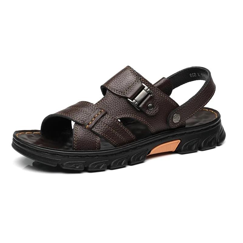 Summer Men's Brand Soft and Breathable Men's Sandals Black Leather Sandals Men's Outdoor Brown Beach Sandals for Men