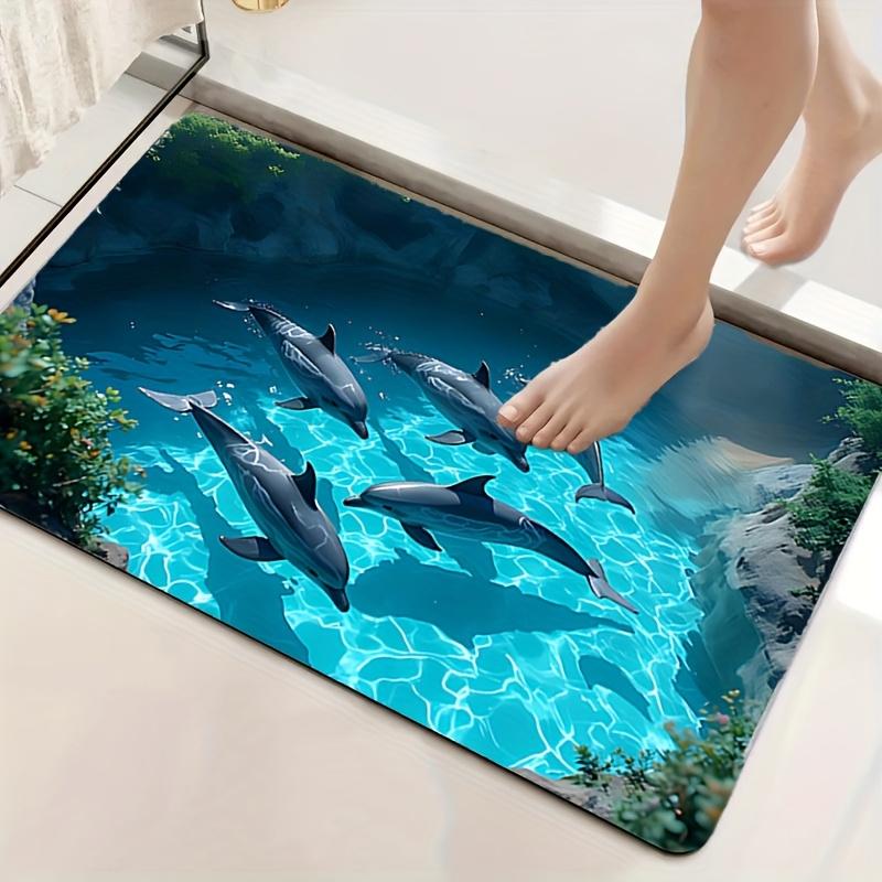 Ocean Theme Dolphin Bath Mat 3D Printed Anti Slip Floor Rug for Bathroom Bedroom Living Room Soft Flannel Carpet Washable