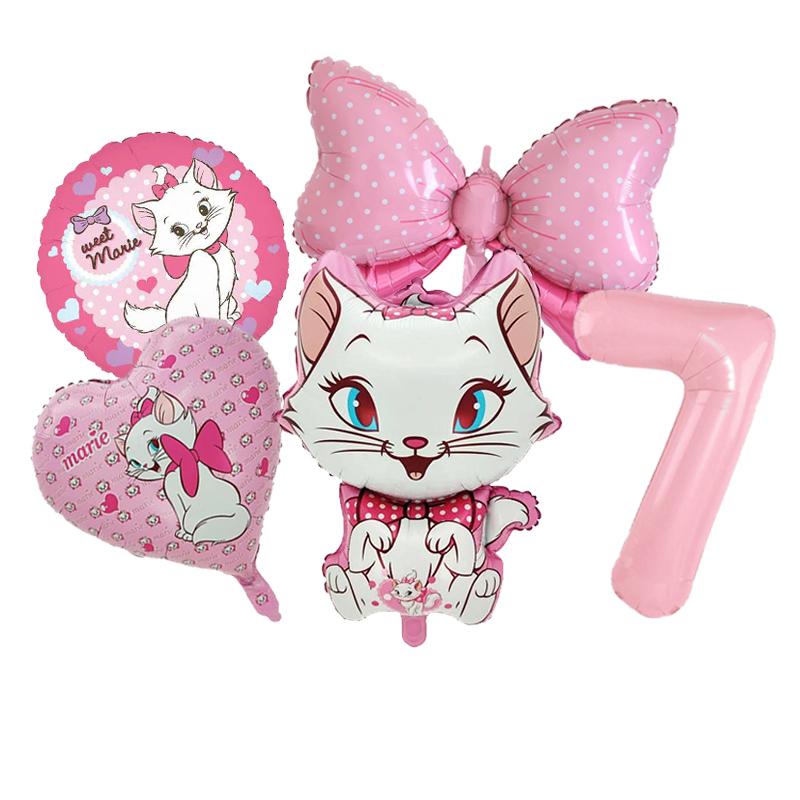 5pcs Marie Cat Bow Balloons Pink Girls Birthday Party Balloons Decoration Cartoon Marie Cat Animal Pet Balloon Baby Shower Decor