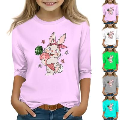 Children's 3/4 Sleeve Tops Casual Print T Shirt Round Neck Pullover Blouse