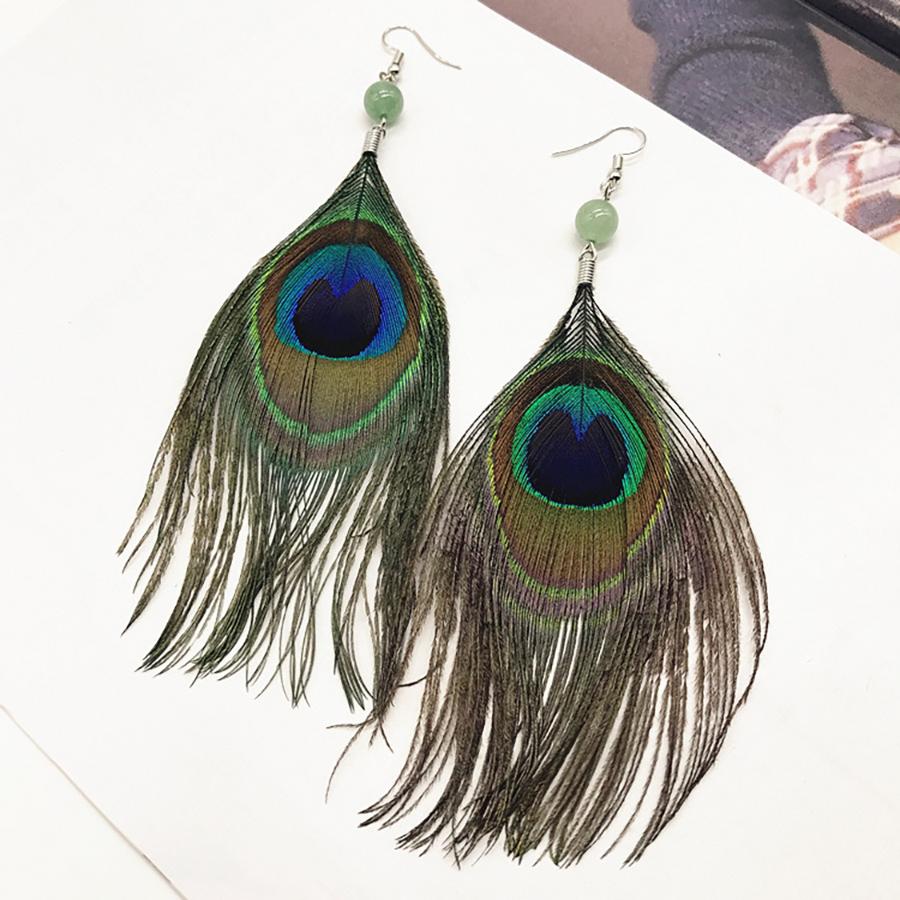 Women‘s Bohemian Peacock Feather Shaped Dangle Earrings Exotic Teardrop Shape Tassel Earrings Music Festivals Jewelry