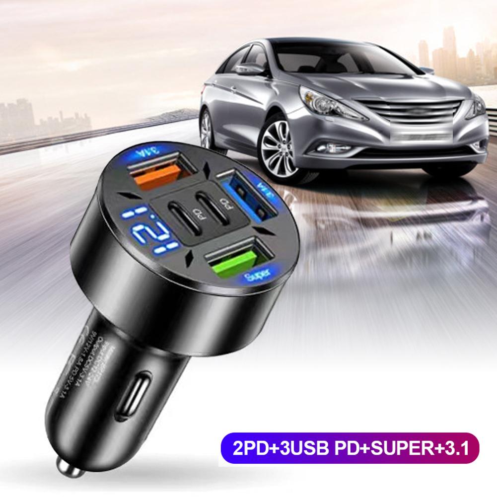 66W 3 USB Ports Car Charger QC 3.0 USB Type-c Quick Charging 5-Port USB A+USB C Fast Charging Cigarette Lighter Adapter