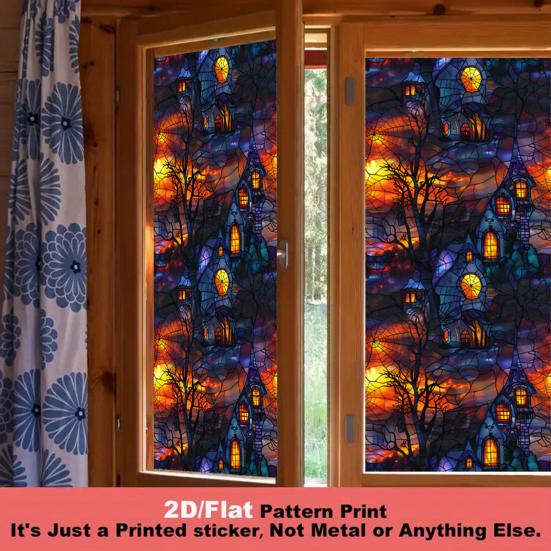 Halloween Window Sticker Stained Glass Style Witch Bats Decal Removable Pumpkins Ghosts Static Window Cling for Party Decoration