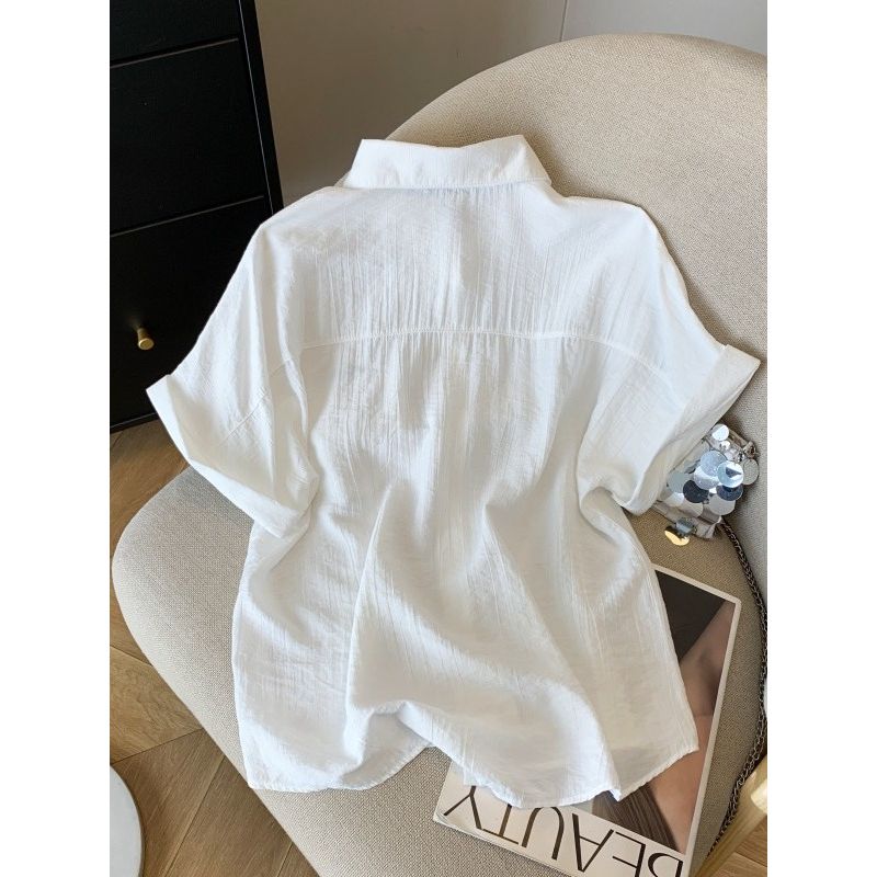 Korean Fashion Commuter Ol Loose Lapel Single-Breasted White Design Embroidered Shoulder Short Sleeve Shirts Top Women
