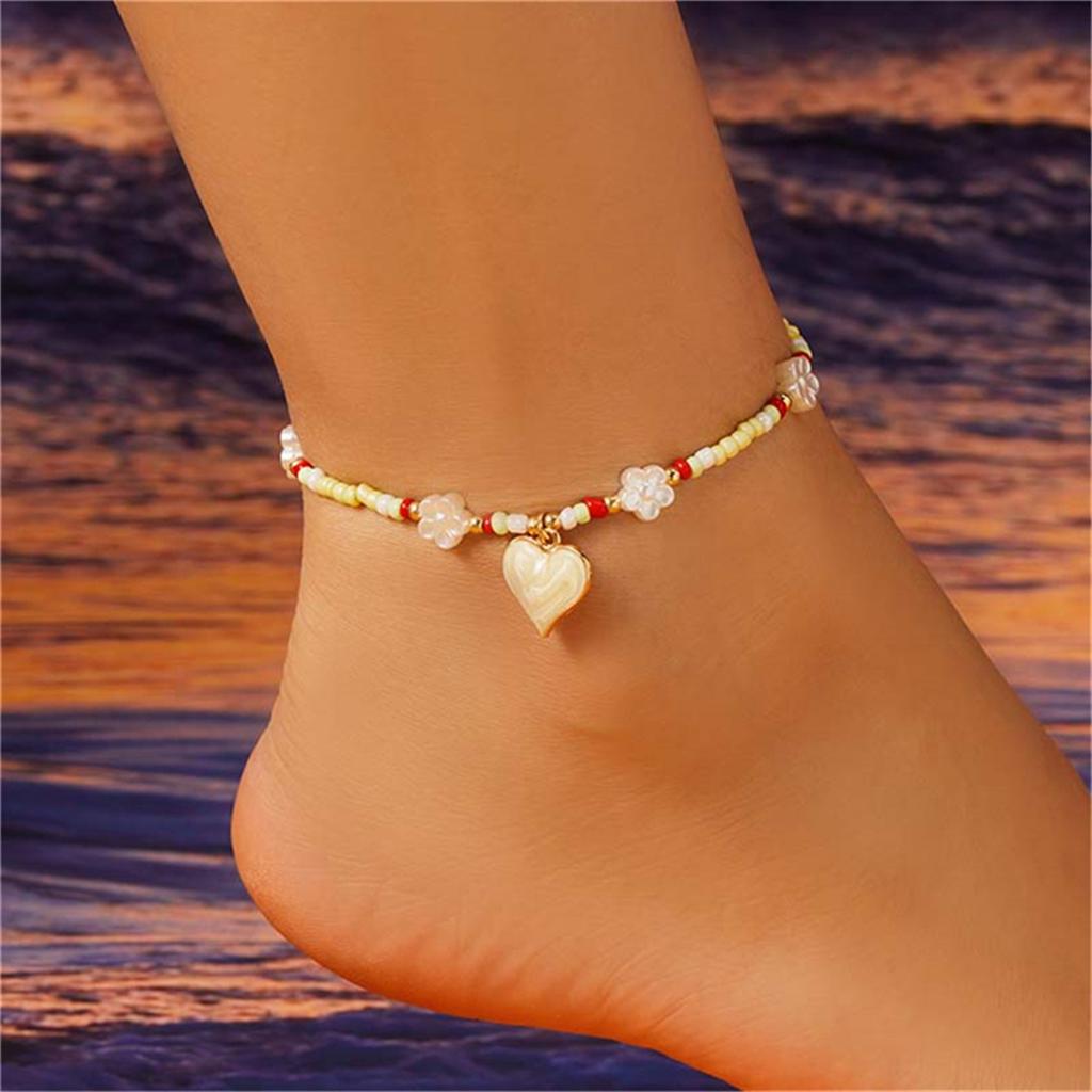 Boho Colorful Enamel Heart Flower Anklets For Women Charm Small Resin Beads Ankle Bracelet Summer Beach Barefoot Chain Jewelry