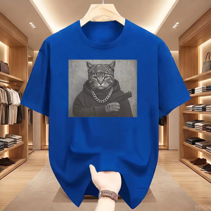 Funny Cat Graphic Print T Shirt Gang Cat Cool Hip Hop Short Sleeve T-shirts Men's Vintage Oversized Cotton T-shirt
