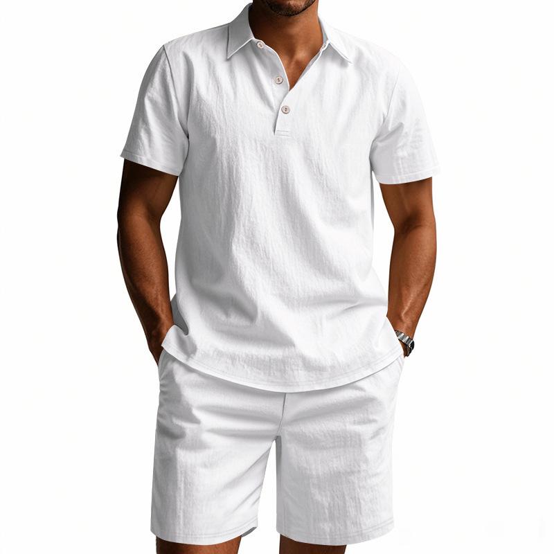 Men's Summer Sporty Cotton Linen Two-Piece Set: Breathable Short Sleeve Polo Shirt & Lapel Shorts