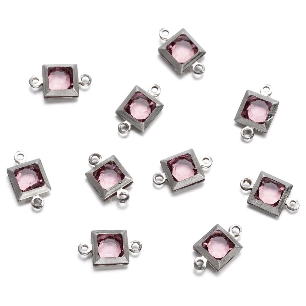 10pcs Stainless Steel Double Holes Square with Rhinestones Bracelet Necklace Pendant Connectors for DIY Jewelry Making Supplies