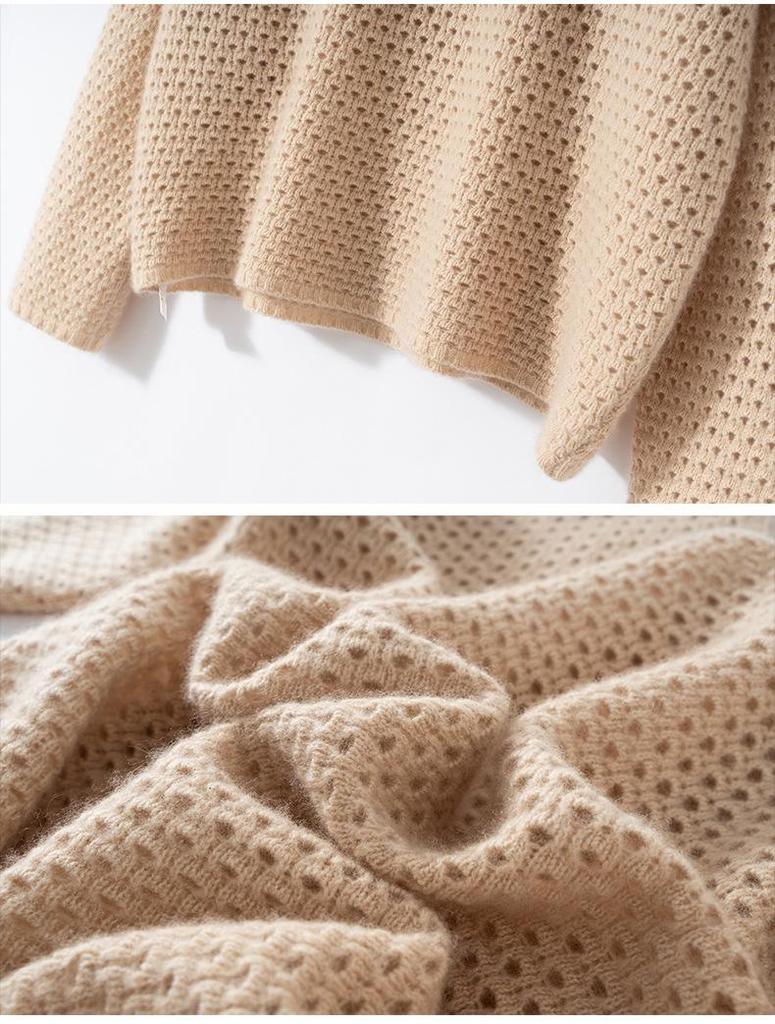 Solid Color Cashmere Hollowed-Out Retro Round Neck Long Sleeve Sweater - Autumn Winter Versatile Loose Knitwear