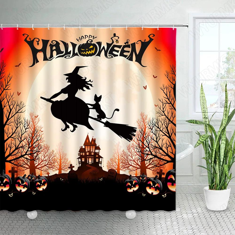Hororová Halloweenská Sprchová Závěs Zábavná Dýně Čarodějnice Černá Kočka Mrtvý Strom Hrad Noční Scenérie Látka Koupelnová Dekorace Sprchové Závěsy