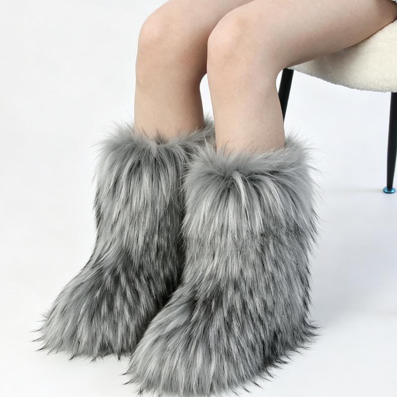 YK women's imitation fox fur snow boots imitation fur plush flat winter boots fashion cotton boots