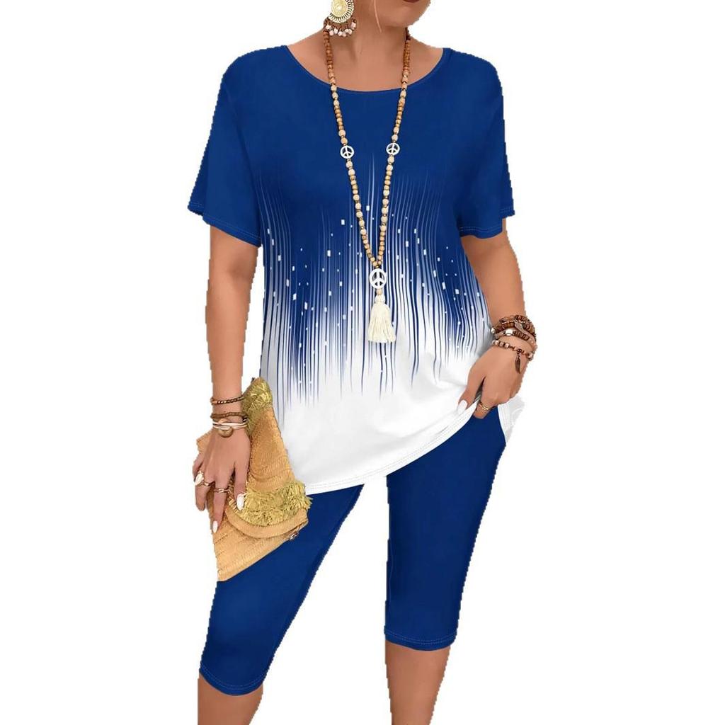 European & American Plus Size Gradient Short Sleeve Top and Mid-Length Shorts Two-Piece Set for Summer