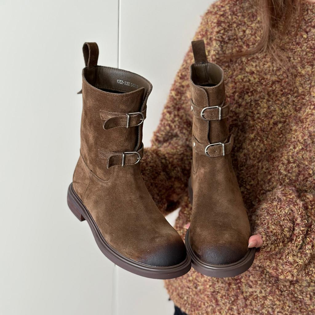 Schaffellversion~ Vintage Mode Gürtelschnalle Western Cowboy Stiefel Schlanke Kurze Stiefel Damen Maillard Martin Stiefel Lokomotivstiefel