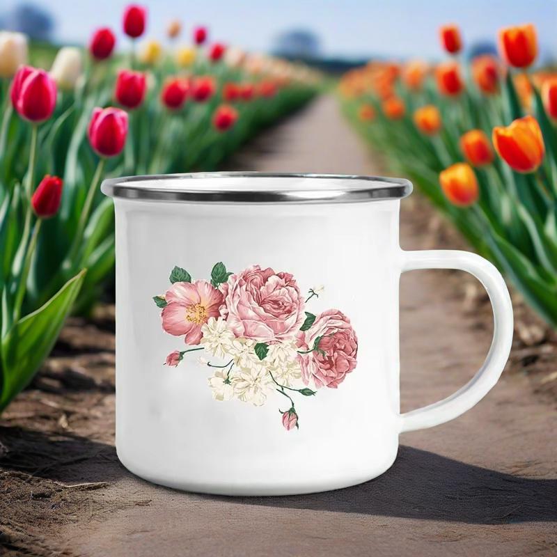 Tazas de Esmalte Retro con Estampado de Flores Tazas de Café Creativas Verano Picnic al Aire Libre Bebidas Zumo Leche Tazas de Acampada Asa Utensilios para Beber Regalos