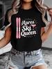 Women's Pure Apres Ski Queen T-Shirt White with Pink Ski Snowflake Print Sleeve Casual Top Ski Resort Outfits Aesthetic Clothes