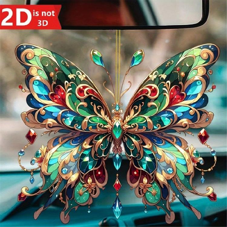 Crystal Like Colorful Butterfly Hanging Ornament 2D Flat Acrylic Pendant Bag Charm for Car Rear Mirror and Home Decors