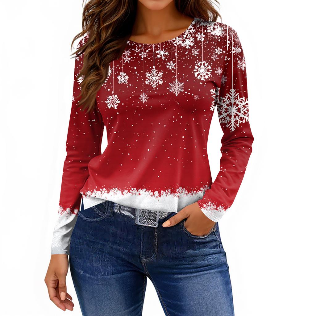 Women's Fashion Casual Slit Hem Round Neck Long Sleeve Loose Printed T-Shirt Ladies Top