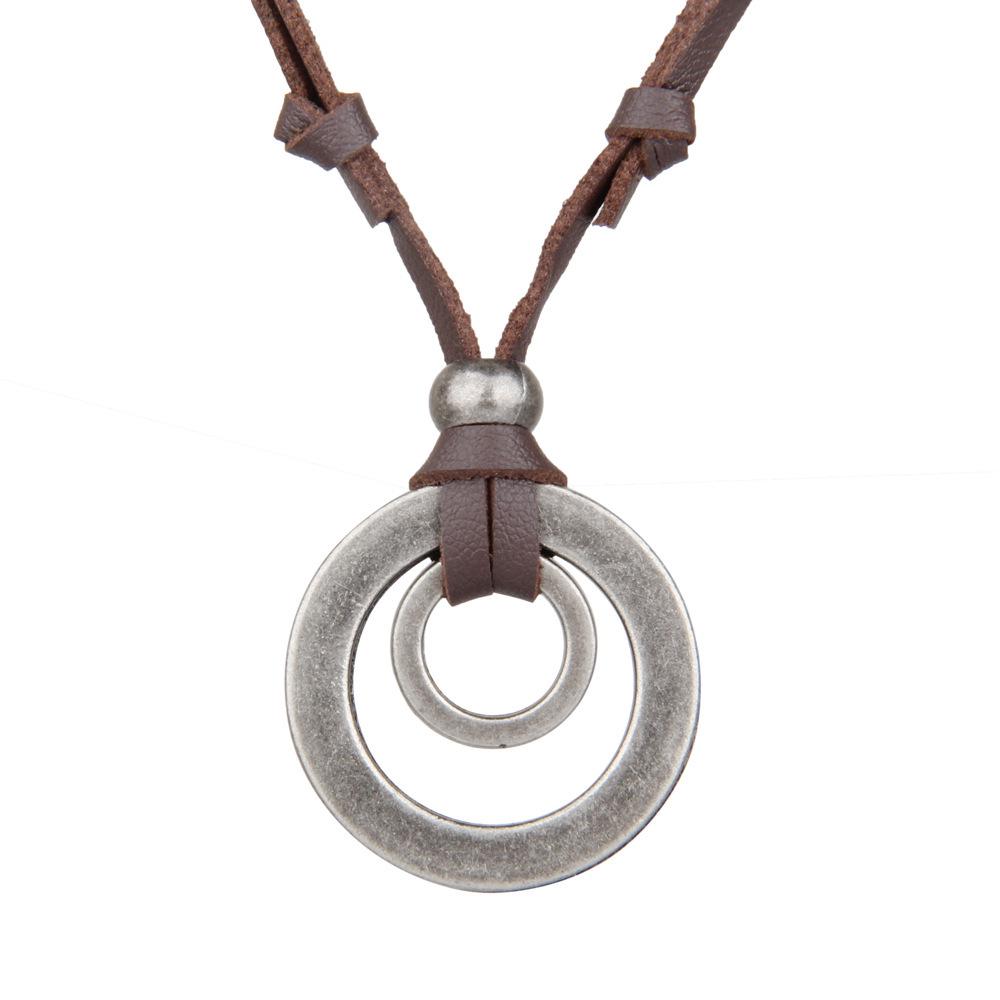 Alloy Two-Circle Pendant Necklace with Genuine Leather Cowhide Cord