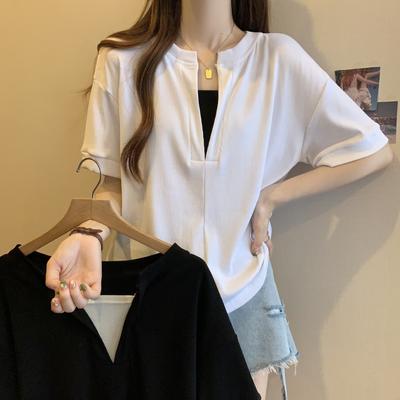 Fake Two Pieces V-neck Big Size Short Sleeve T-shirt Female Summer Loose A-line Design Short Section Solid Colour Tops