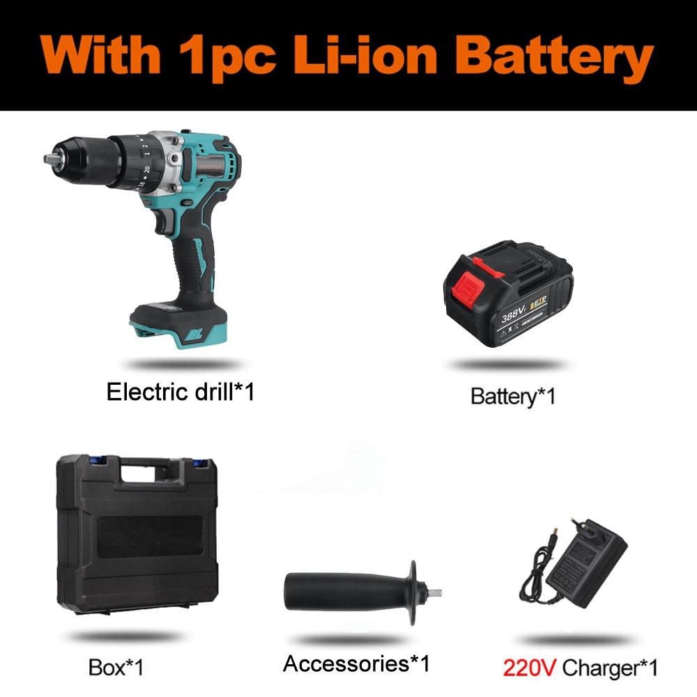 

388VF Бесщеточная электрическая дрель-отвертка 3 в 1 13 мм 520NM Беспроводная ударная дрель с крутящим моментом 20 + 2 электроинструмента с 2 батареями 1*Battery