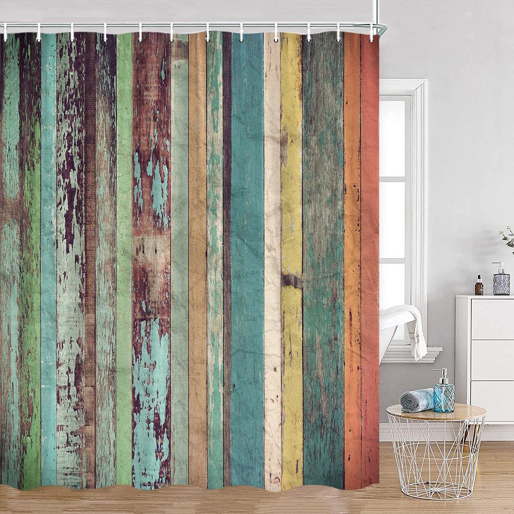 Countryside Wooden Board Shower Curtain Brick Wall Farmhouse Farm Bathroom Curtains Wooden Planks Art Pattern Bath Curtain Decor