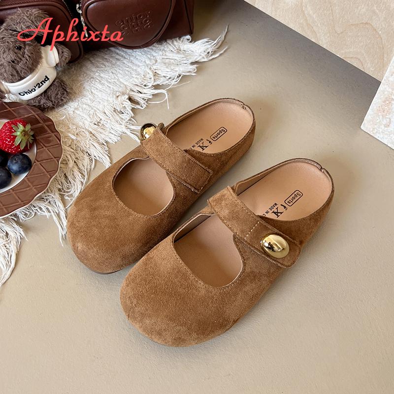 Fashion Aphixta Candy Color Flat With Women Slippers Cow Suede Metal Decoration Shoes Sweet Round Toe Slip On Outside Slide Mules