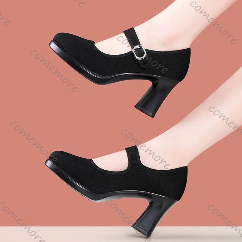 Comemore Women High Heels Shoes 2025 Spring Autumn Black Suede Pumps Casual Buckle Strap Dress Round Toe Heels for Women