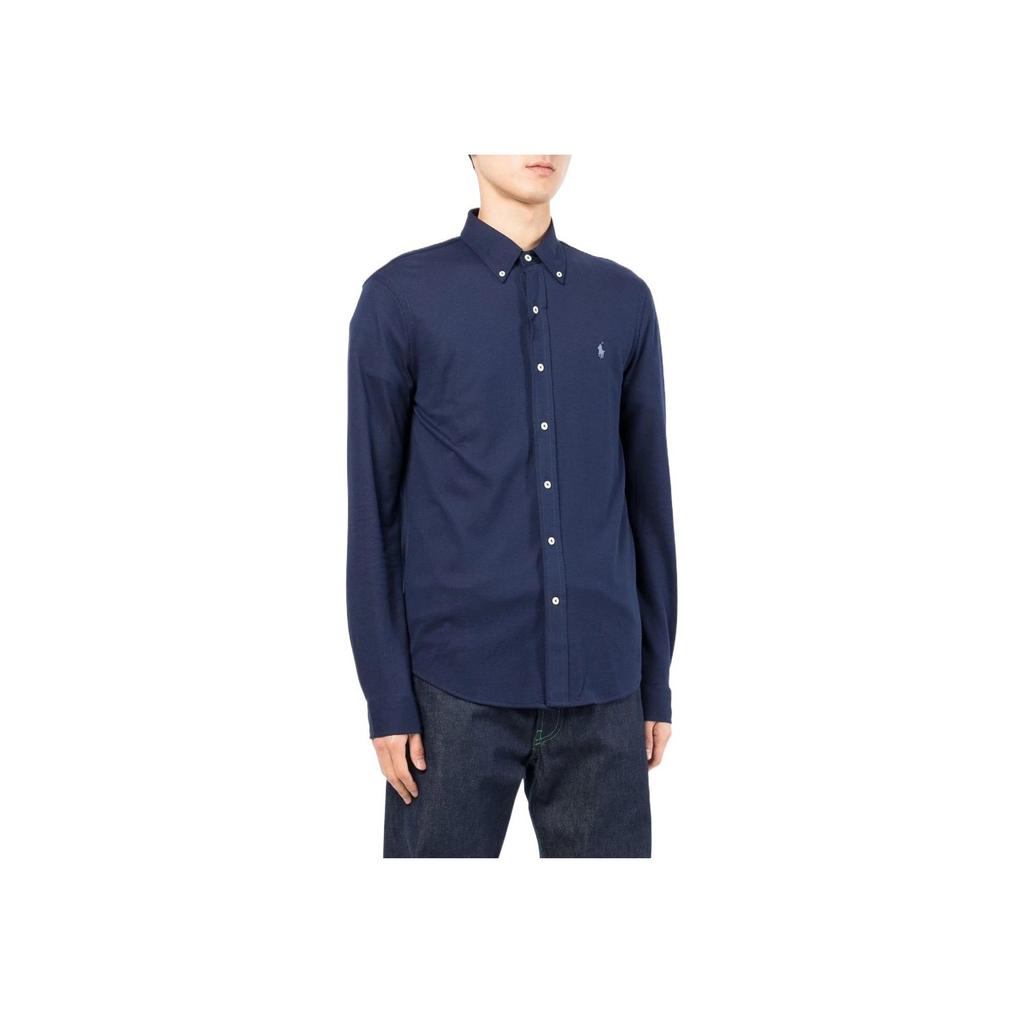 Polo Ralph Lauren Ss22 Solid Color Logo Embroidered Polo Collar Single-Breasted Long Sleeve Shirt Men Shirts Deep-Blue 710865356-003