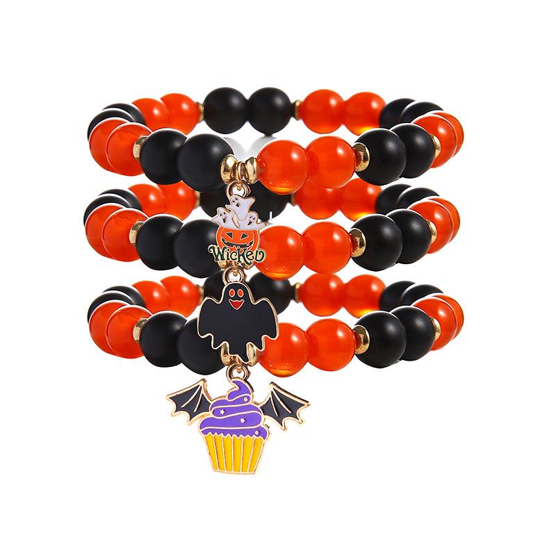 3 Pcs Halloween Black Beaded Bracelets Set for Women Handmade Spider Web Ghost Cat Pendant Bracelet Girls Party Jewelry Gift