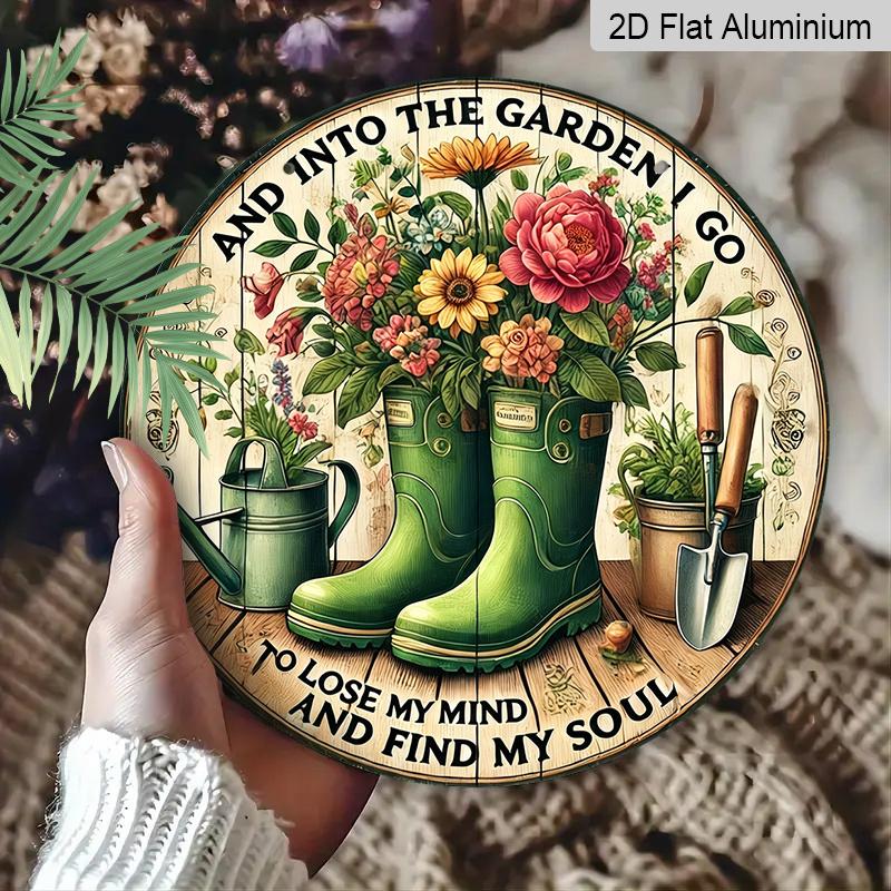 2D Flat, 1pc Round Aluminum Metal Wall Sign, Rustic Style "Welcome to My Garden" Wall Decor - A Product with Floral and Gardening Tool, Suitable for