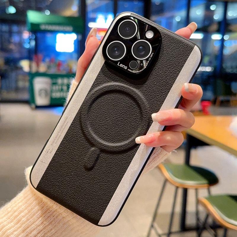 For iPhone 16 Pro Max Case Compatible with MagSafe Splicing Color PC+PU Leather Phone Back Cover