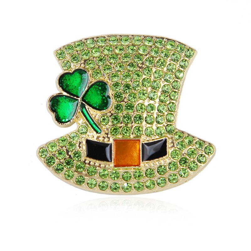 Fashion Rhinestone Clover Hat Brooches Pin For Women Clothing Coat Jewelry Accessories Gifts
