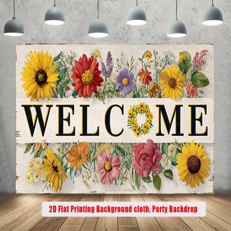 2D Farmhouse Welcome with Sunflowers Background Cloth Photo Booth Prop 47.2x31.5inch/120*80cm