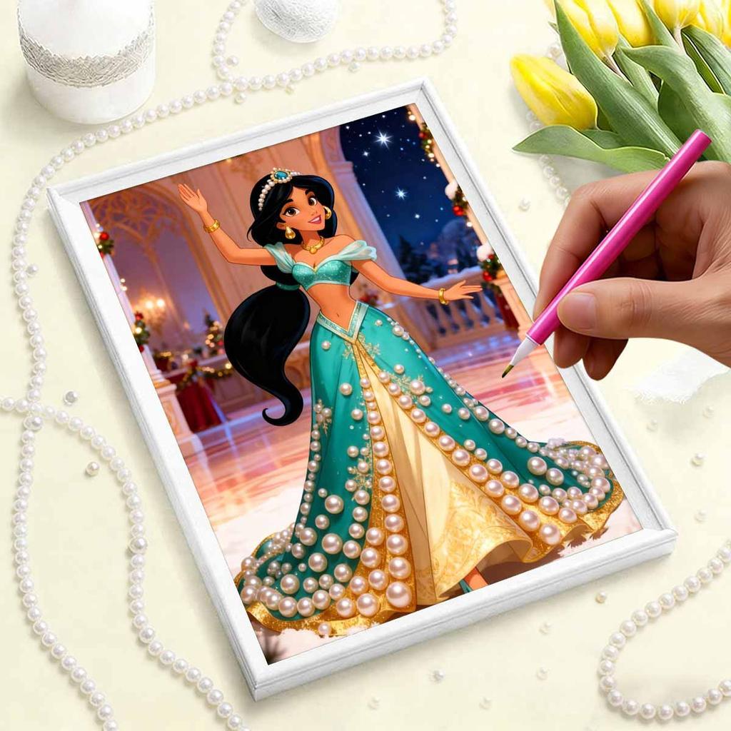Disney Aladdin Jasmine Princess with Pearl Decorated Set 5D Artificial Pearl Puzzle Embroidered Home Decorative Handmade Gift