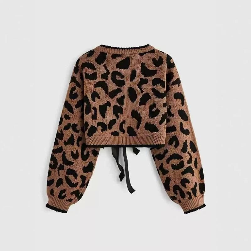 Damen Leopardenmuster Strickjacke mit Bindung vorne, Langarm Lässiger Kurzer Pullover