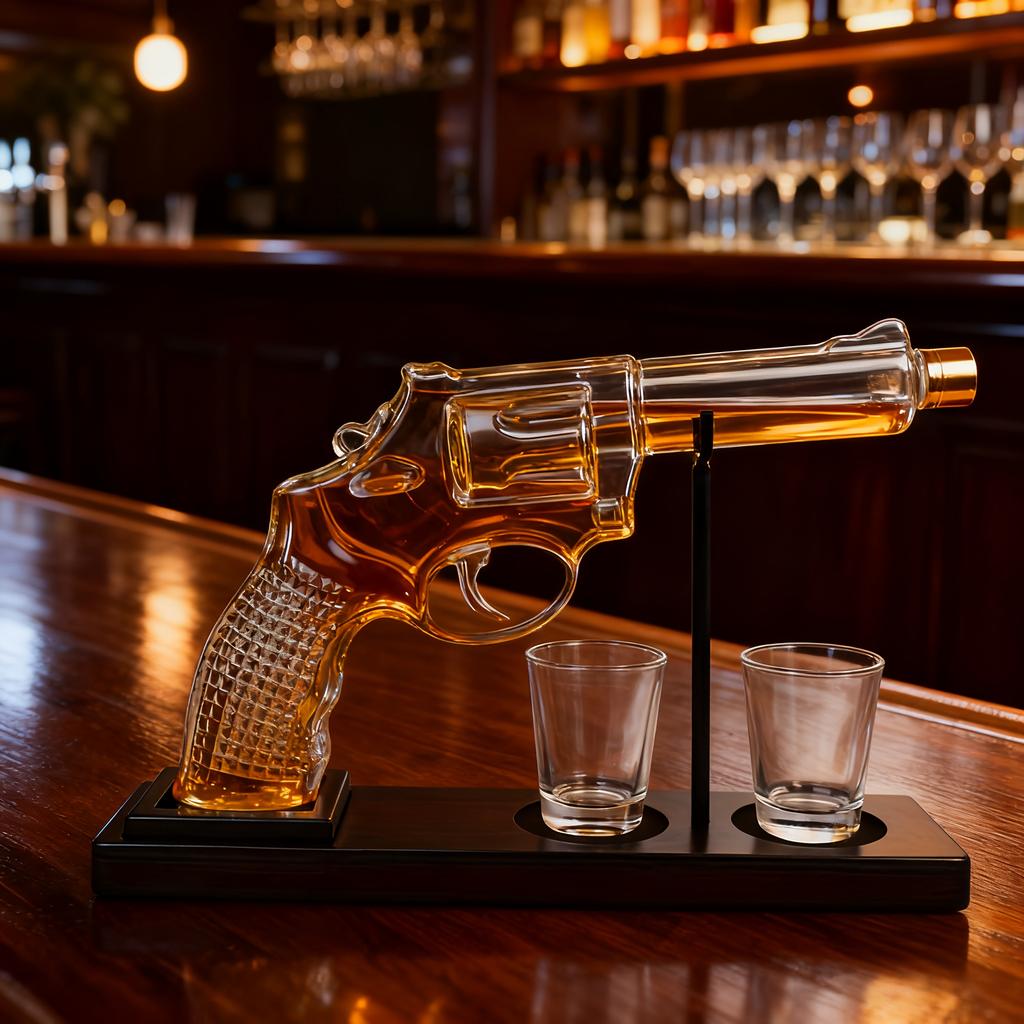 4Pcs (1pcs spirit bottle + 2pcs cups + 1pcs bottle rack) pistol shaped glass bottle set, ideal anniversary gift for men, whiskey glass set.