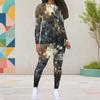 Women Plus Size Cream White Dots Printed Round Neck Long Sleeve Fitted Two Piece Pants Set With Pockets